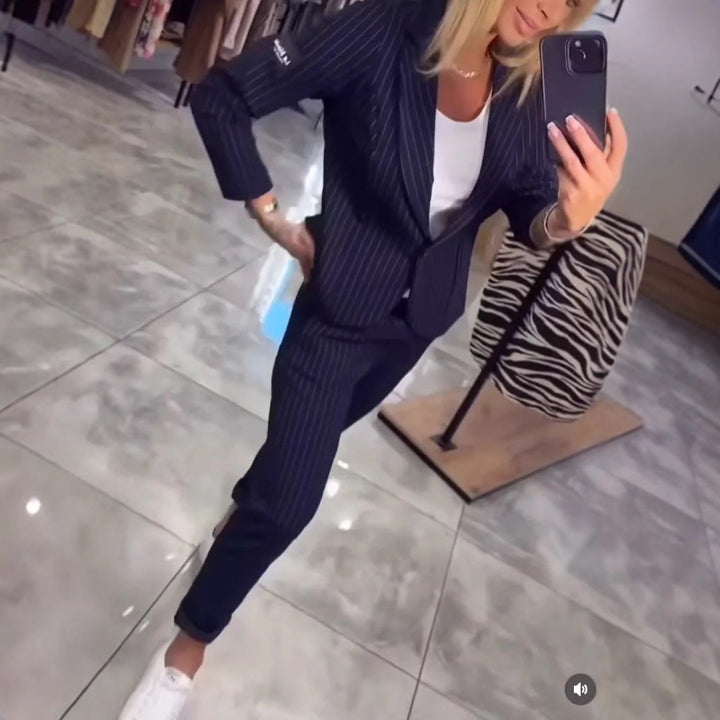 Damen Elegantes Blazer-Ensemble mit modischen Streifen und tailliertem Schnitt Drune