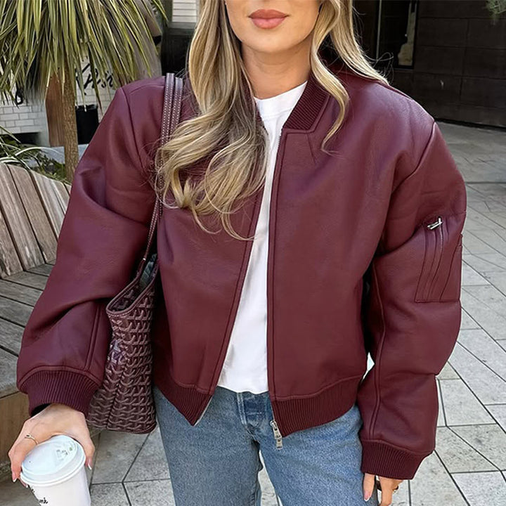 Damen Lässige Lederjacke mit voluminösen Ärmeln und Reißverschluss Drune
