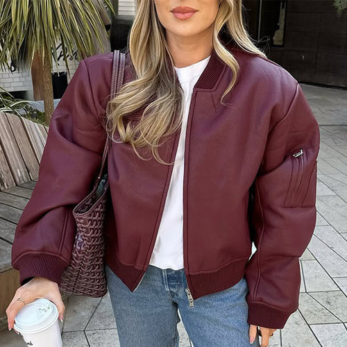Damen Lässige Lederjacke mit voluminösen Ärmeln und Reißverschluss Drune