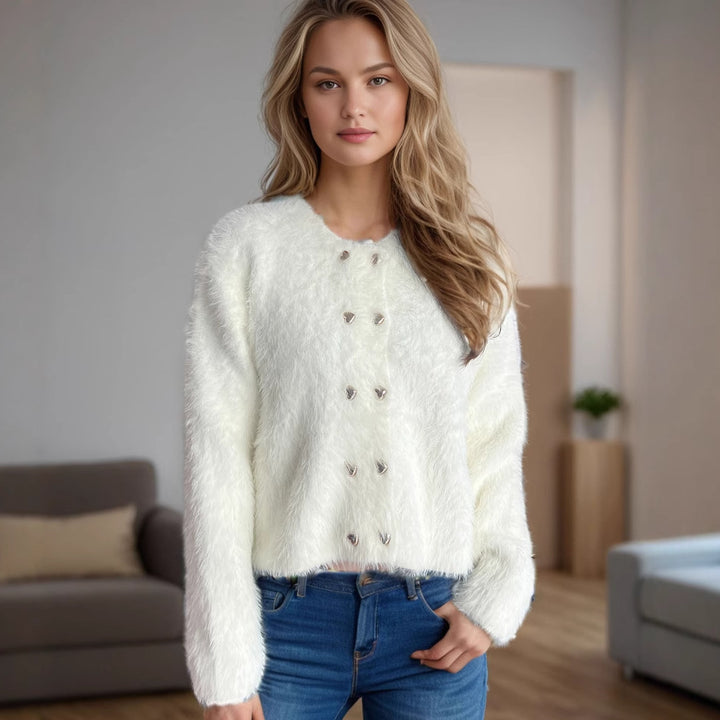Damen flauschige Strickjacke mit herzförmigen Knöpfen und lockerer Passform Drune