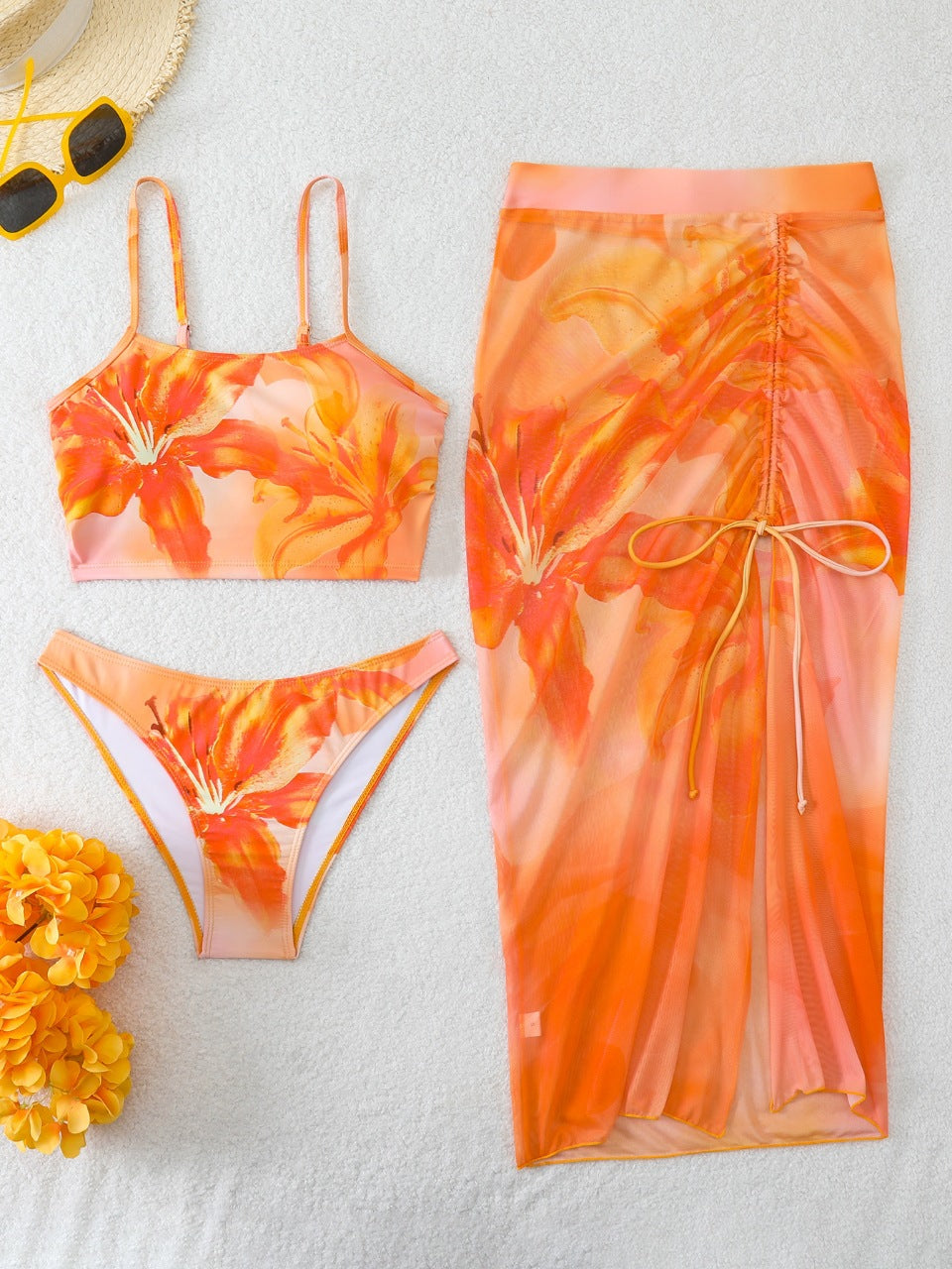 Damen Bikini-Set mit floralem Balconette-Oberteil und transparentem Wickelrock Drune