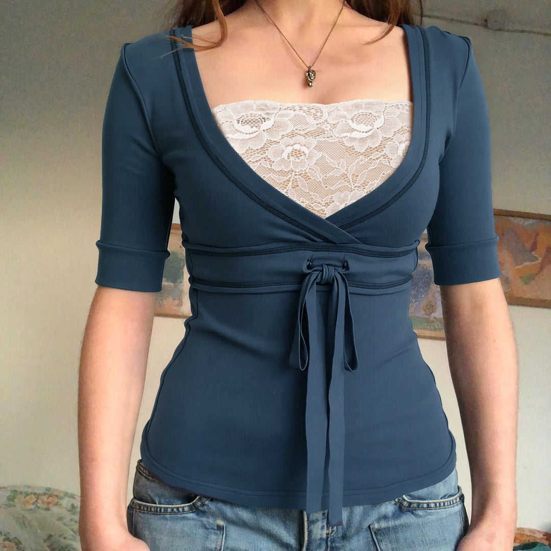 Damen Wickeloberteil mit Spitzenbesatz und Taillenband Drune