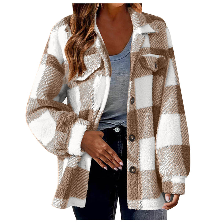 Damen nan kuschelige Sherpa-Karo-Übergangsjacke mit Brusttaschen und großzügigem Oversize-Schnitt Drune
