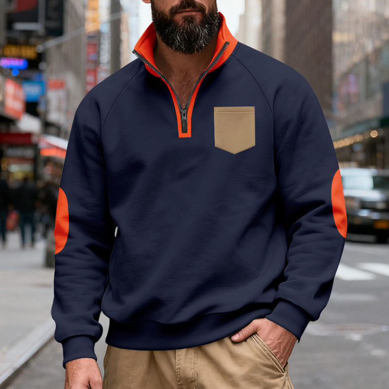 Herren nan Quarterzip-Sweatshirt mit Stehkragen, kontrastiertem Reißverschluss, Ellbogenpatches und Brusttasche Drune