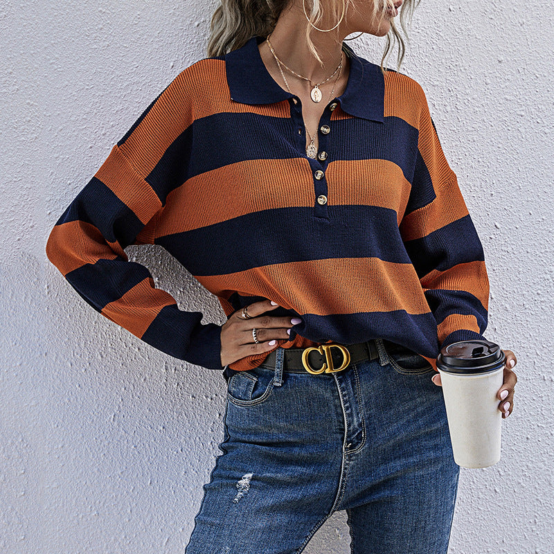 Damen lässiger Oversized Pullover mit großzügigem Streifenmuster und Knopfleiste Drune