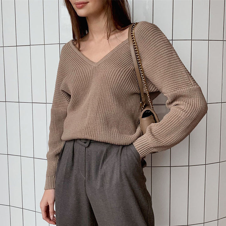 Damen eleganter V-Ausschnitt Pullover mit feiner Rippenstruktur und überschnittenen Schultern Drune