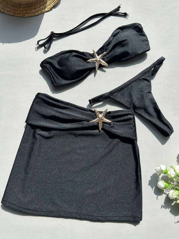 Damen Bandeau-Bikini-Set mit schicker Rüschenverzierung und modischem Rock Drune