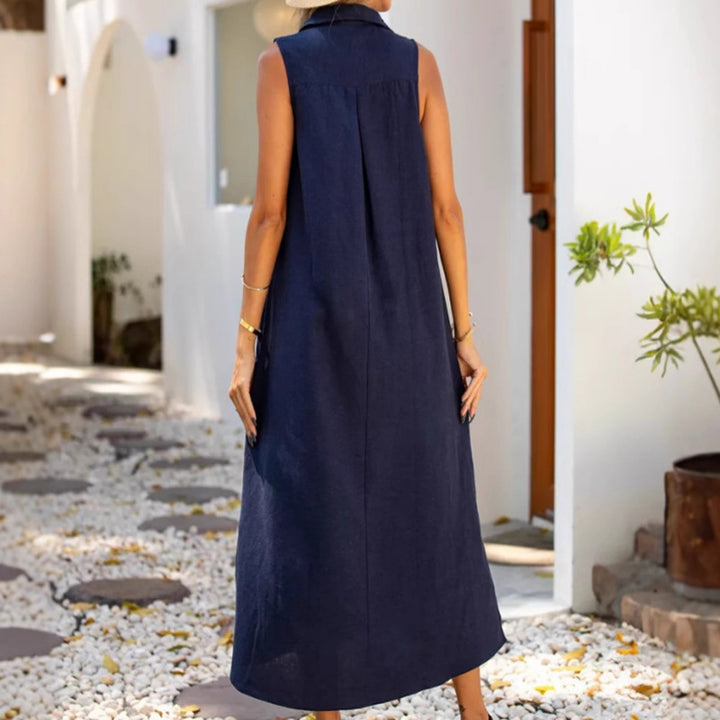 Damen ärmelloses Maxikleid mit tiefem V-Ausschnitt und seitlichen Schlitzen Drune