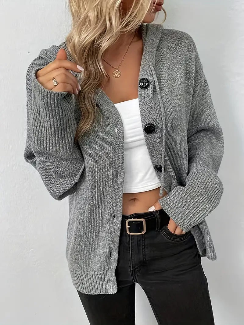 Damen Strickjacke mit Kapuze und Knopfverschluss Drune