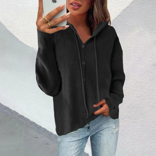 Damen Strickjacke mit Kapuze und Knopfleiste Drune