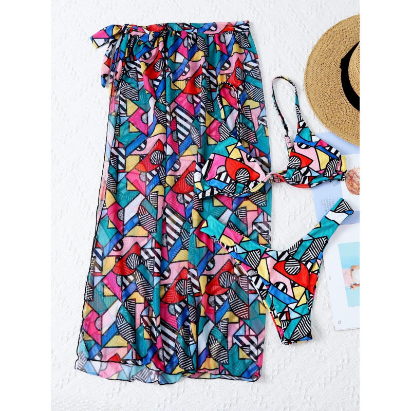 Damen Bikini-Set mit modischem Wickelrock und buntem Grafikdruck Drune