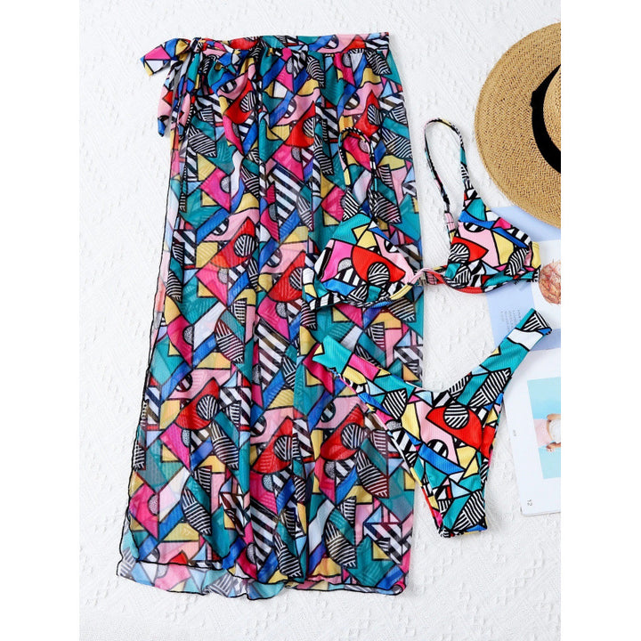 Damen Bikini-Set mit modischem Wickelrock und buntem Grafikdruck Drune
