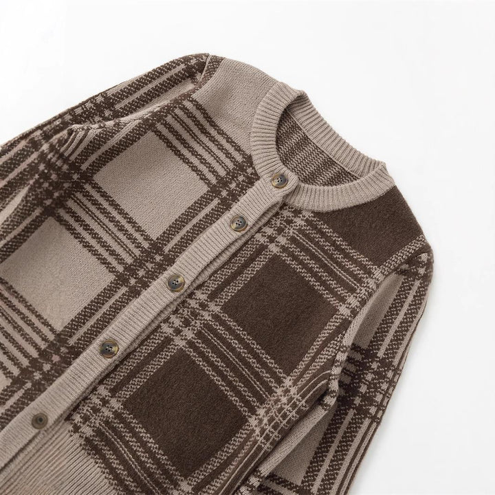 Damen Karierte Strickjacke mit Knopfverschluss und gerafften Ärmeln Drune