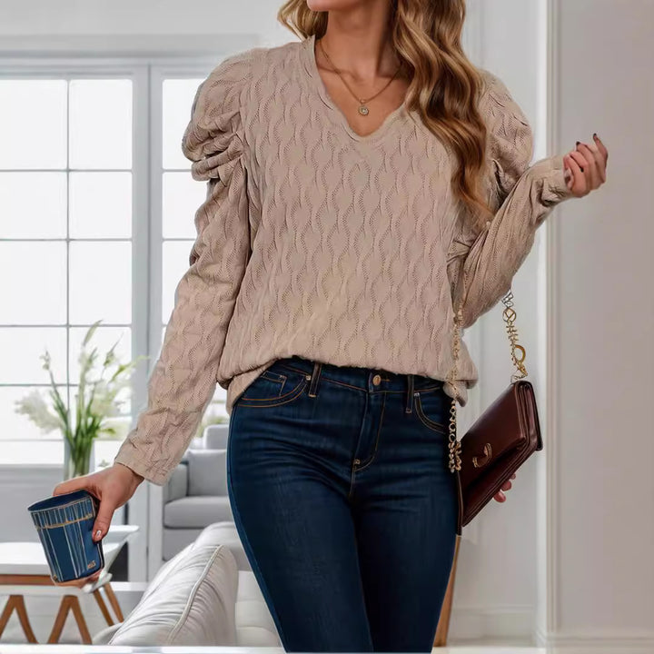 Damen Strickpullover mit Wellenmuster und Puffärmeln Drune