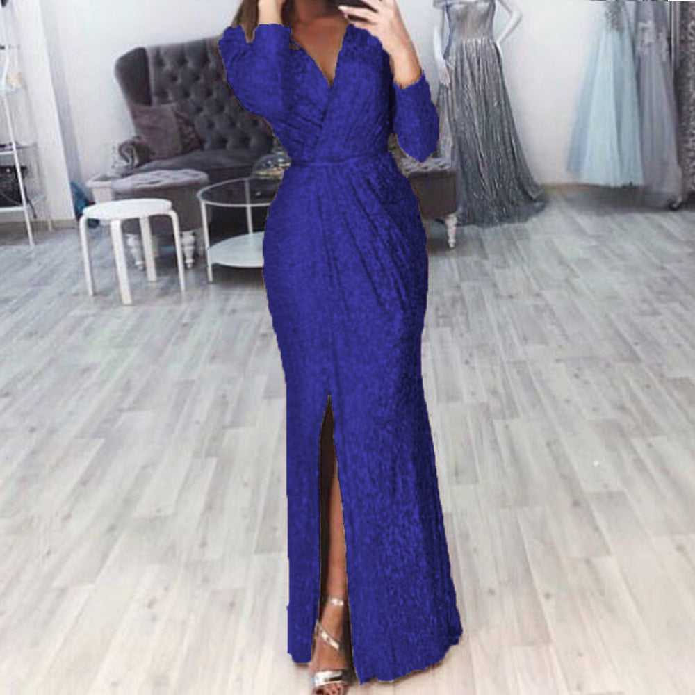 Damen langes Abendkleid mit elegantem Wickelschnitt und Schlitz Drune