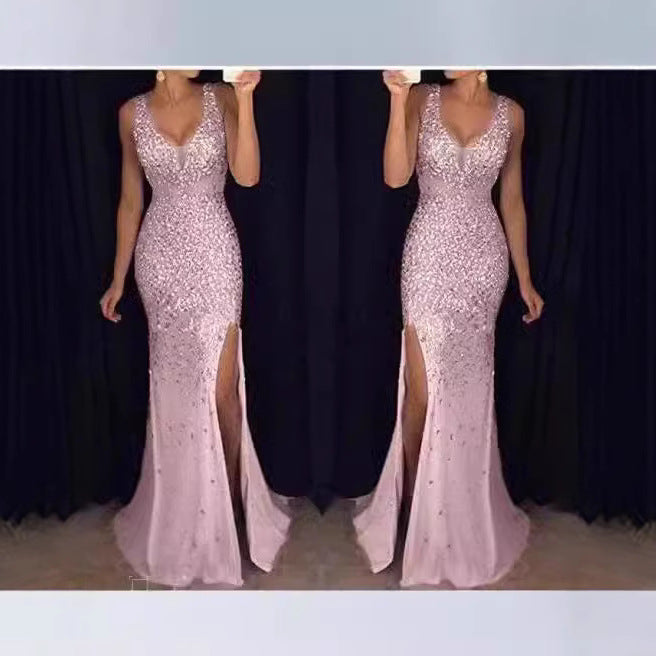 Damen Glitzerndes Abendkleid mit tiefem Ausschnitt und Schlitz Drune
