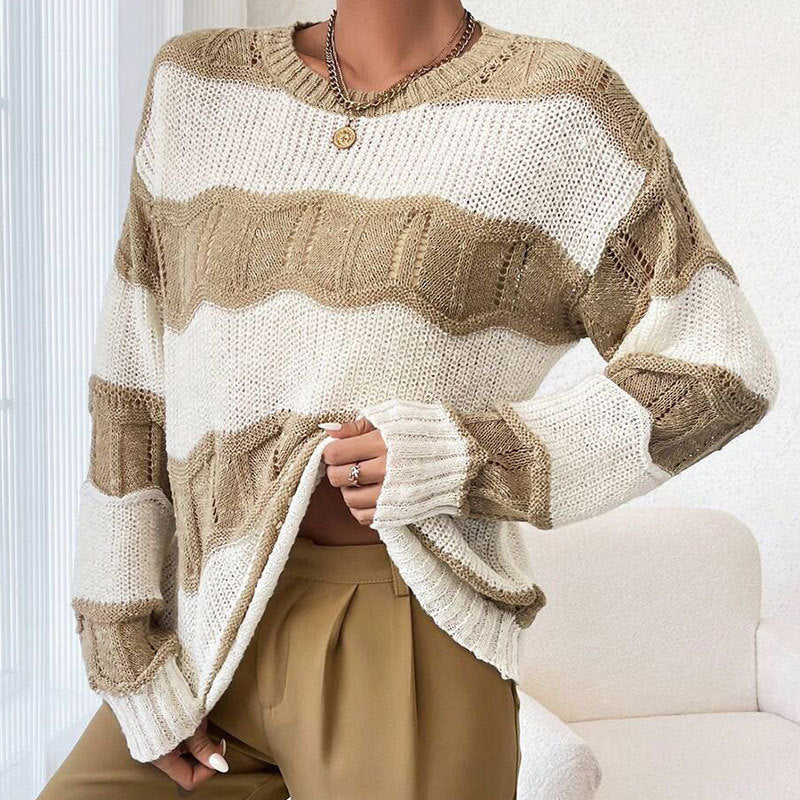 Damen lässiger Strickpullover mit Wellenstruktur und langen Ärmeln Drune