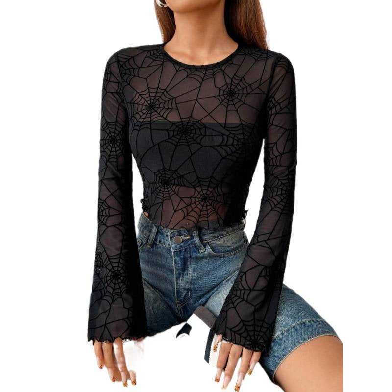 Damen Transparente Langarmbluse mit Spinnenmotiv Drune