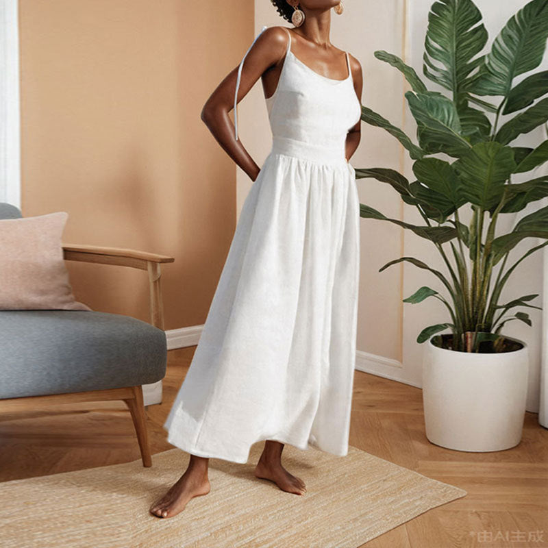 Damen Langes Leinenkleid mit tiefem V-Ausschnitt und taillierter Taille Drune