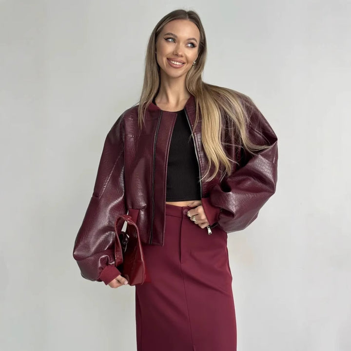 Damen trendige cropped Kunstlederjacke mit voluminösen Ärmeln Drune