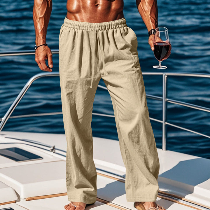 Herren nan weite Leinen-Loungehose mit elastischem Tunnelzugbund, Kordelzug und geradem Bein Drune