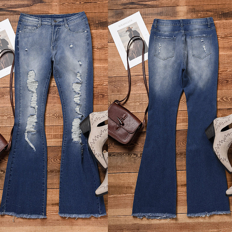 Damen Flared Jeans mit Destroyed-Effekten und fransigem Saum Drune