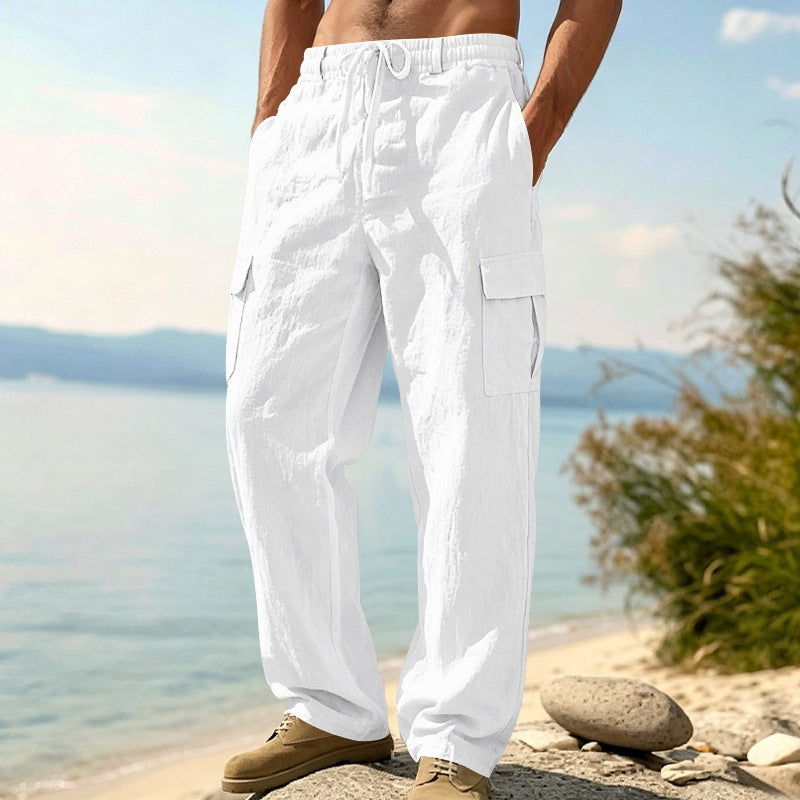Herren nan entspannt geschnittene Strand-Cargohose aus Leinenblend mit elastischem Tunnelzug und zweifacher Klapptasche Drune