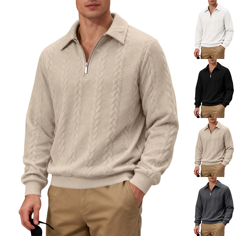Herren nan strukturierter Strickpullover mit halbem Reißverschluss, Polokragen und Zopfmuster Drune