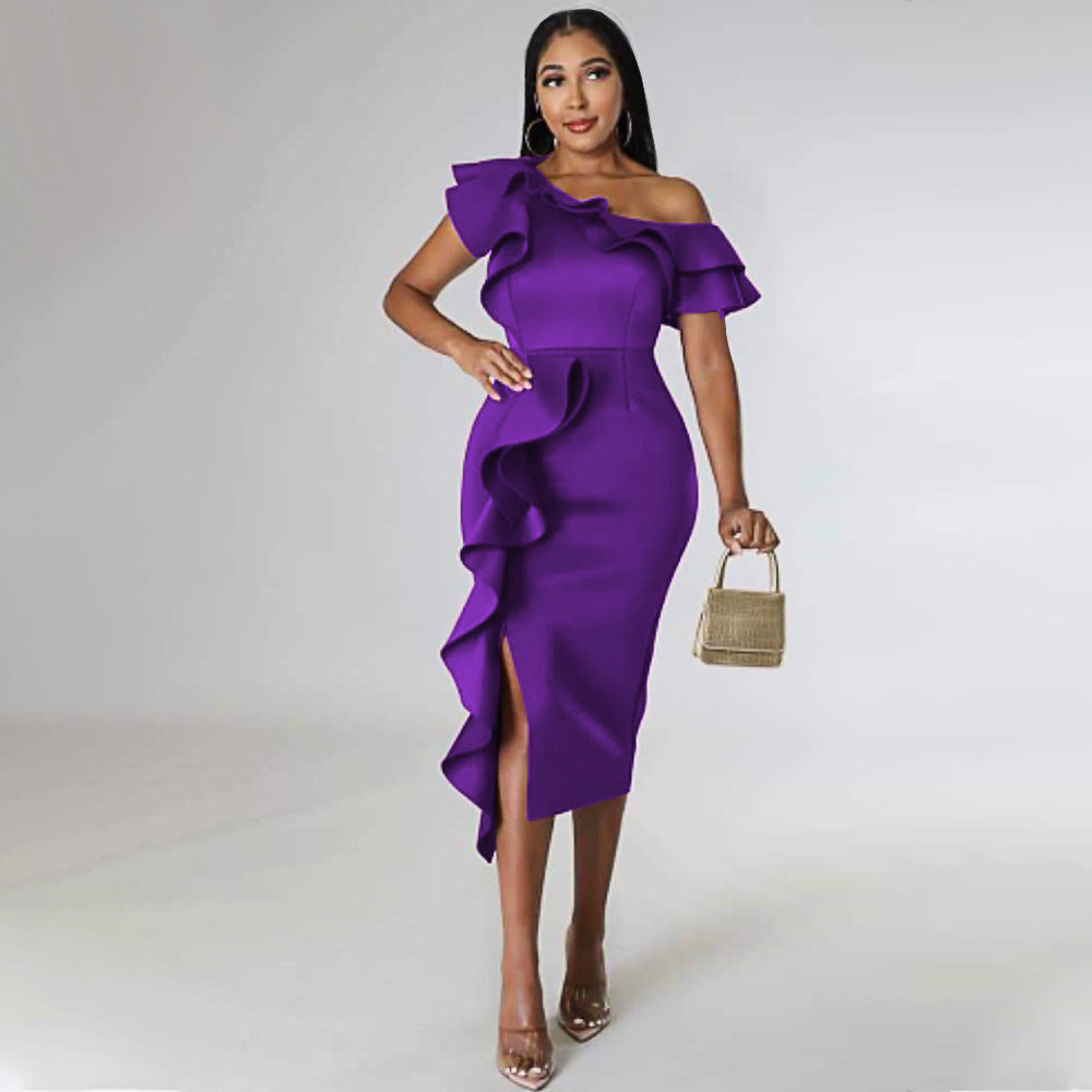 Damen figurbetontes Rüschendes Wickelkleid Drune