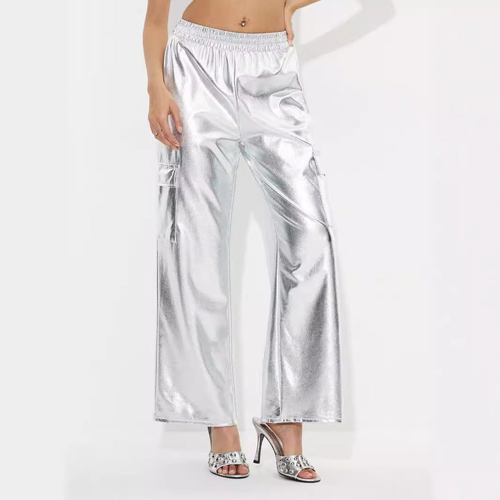Damen Cargo-Hosen im glänzenden Metallic-Look mit elastischem Bund Drune