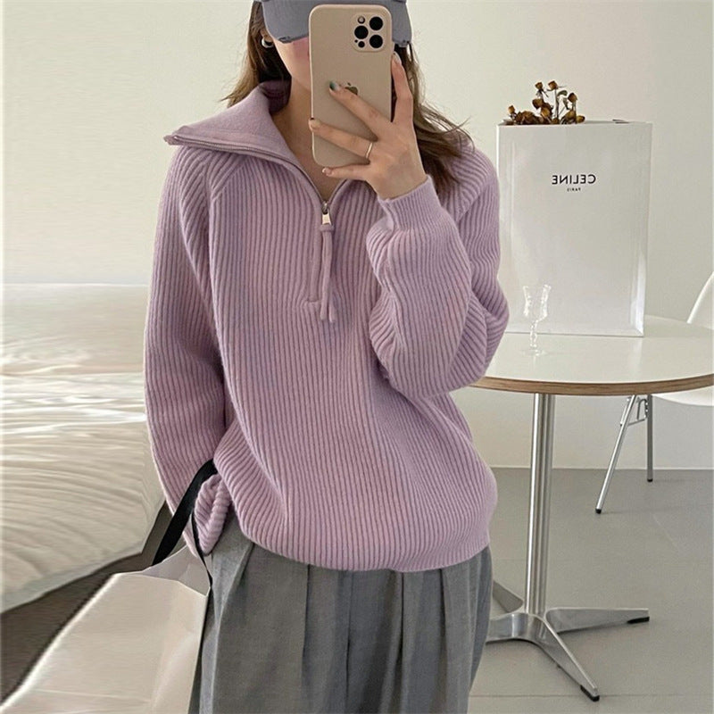 Damen Leichter Strickpullover mit hohem Kragen und dekorativem Reißverschluss Drune