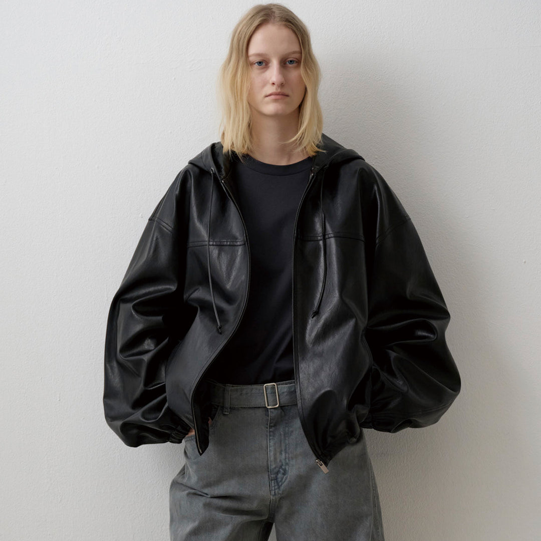 Damen Lässige Kunstlederjacke mit Kapuze Drune