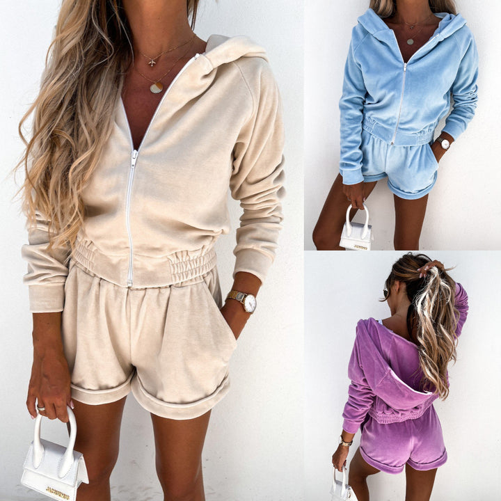 Damen nan Velours Trainingsset mit Kapuzenjacke und Shorts Drune