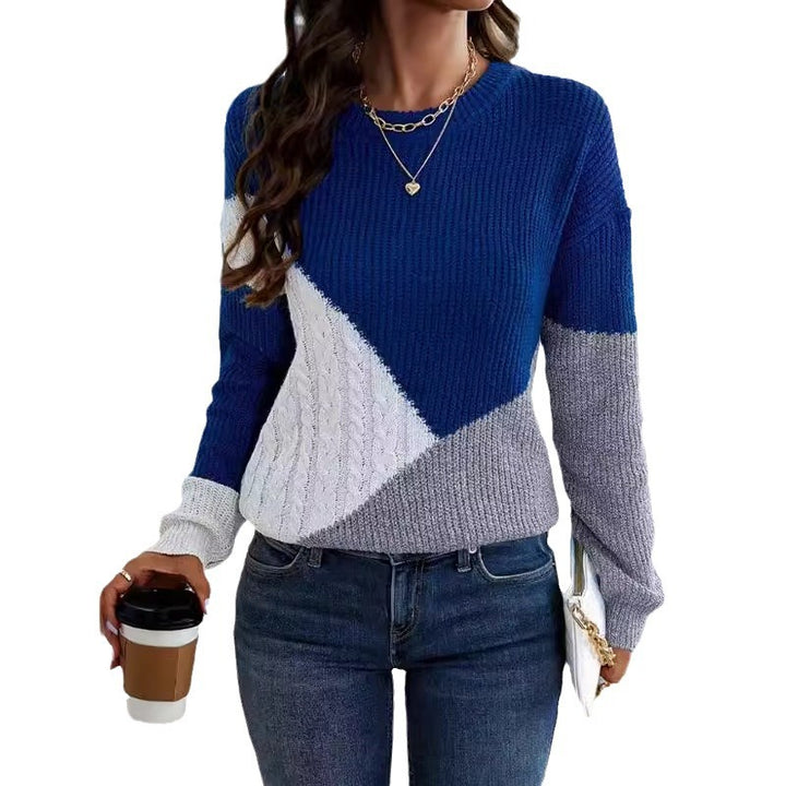 Damen Modischer Strickpullover mit asymmetrischem Farbblock und strukturiertem Zopfmuster Drune
