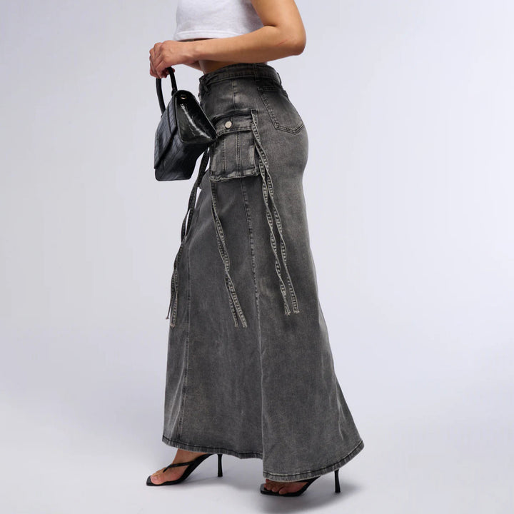 Damen Langer Denim-Rock mit hochgezoggtem Bund und praktischen Taschen Drune