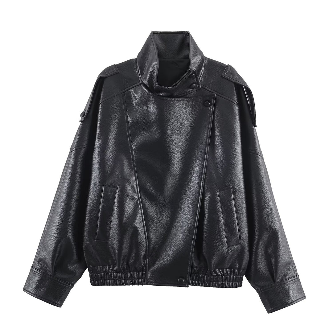 Damen nan oversized Bikerjacke Kunstlederoptik mit hohem Stehkragen, asymmetrischer Druckknopffront, Schulterriegeln und elastischem Saum Drune