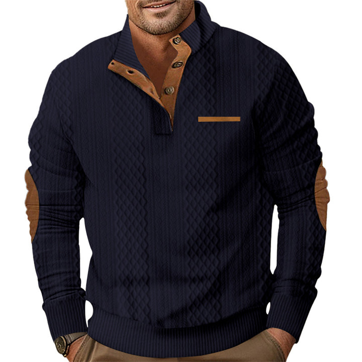 Herren nan strukturierter Strickpullover mit Stehkragen, Knopfleiste und Ellenbogenpatches Drune