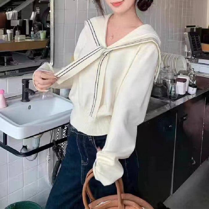 Damen stilvoller Pullover mit Schleifenkragen und feiner Strickstruktur Drune