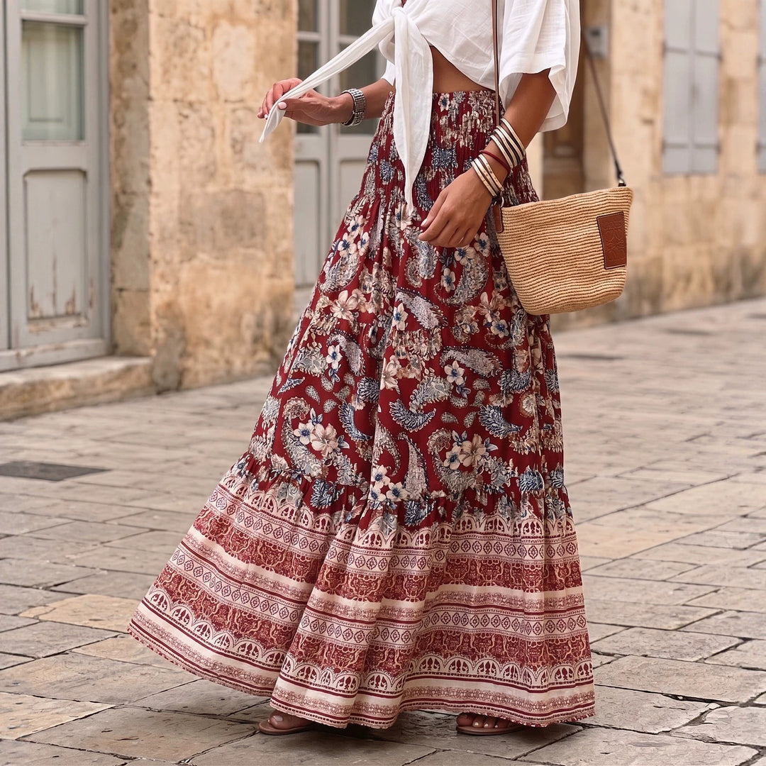 Damen nan gestufter Maxirock mit floralem Print, elastischem Smockbund und Volantkanten Drune