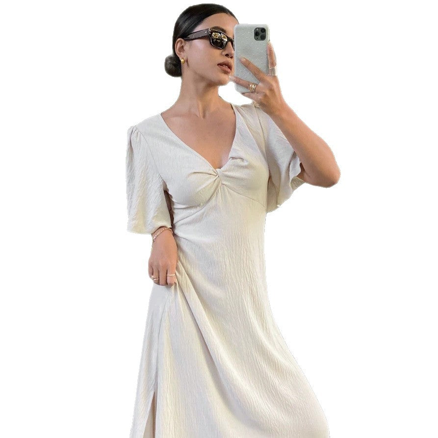 Damen Maxikleid mit fließenden Ärmeln und V-Ausschnitt Drune