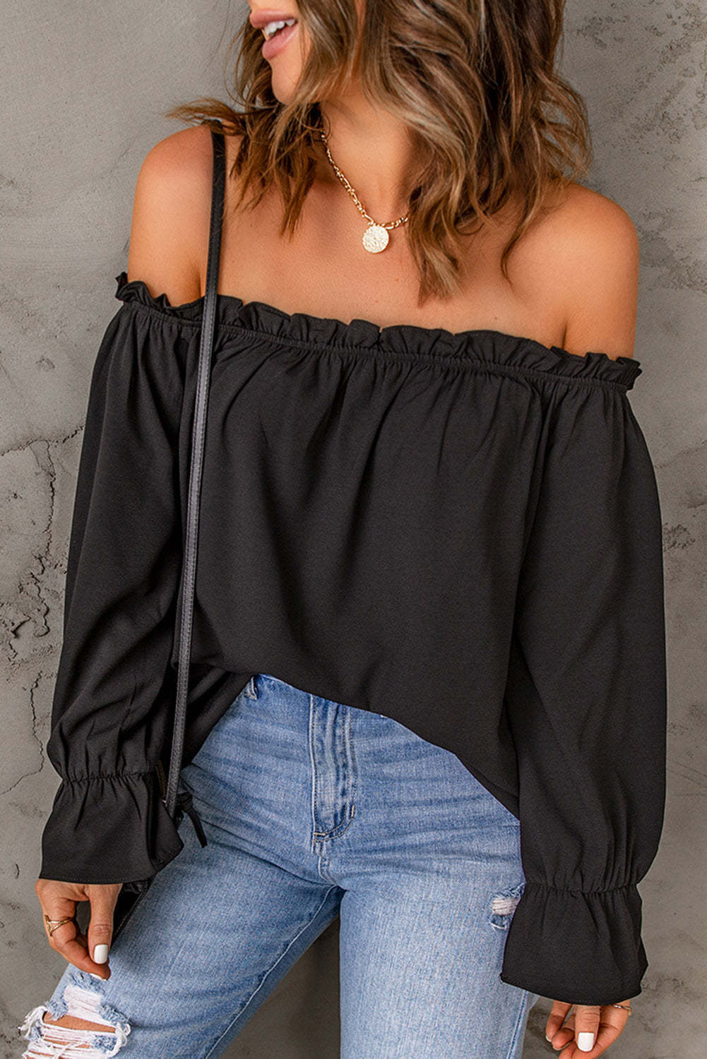 Damen Off-Shoulder Bluse mit Rüschendetails und elastischen Ärmeln Drune