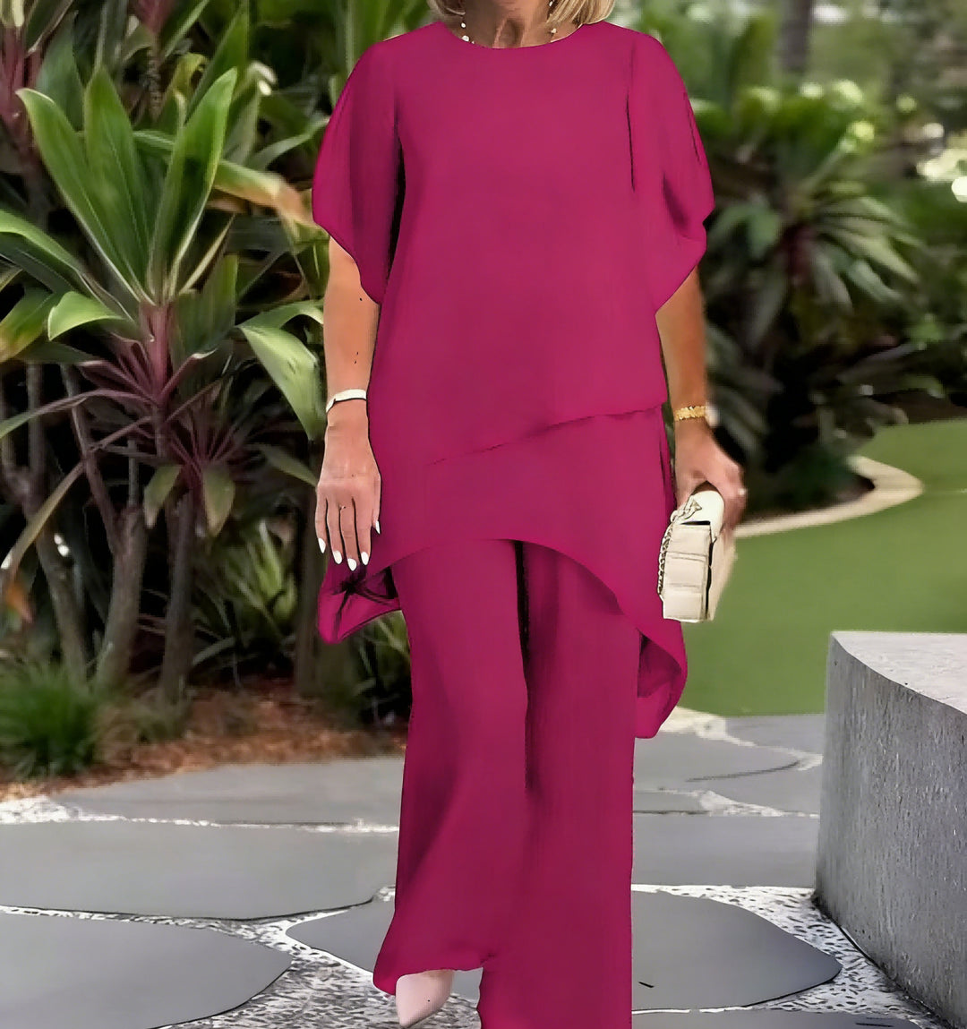 Damen Elegantes Zwei-Teiler-Set mit luftigen Ärmeln und asymmetrischem Saum Drune