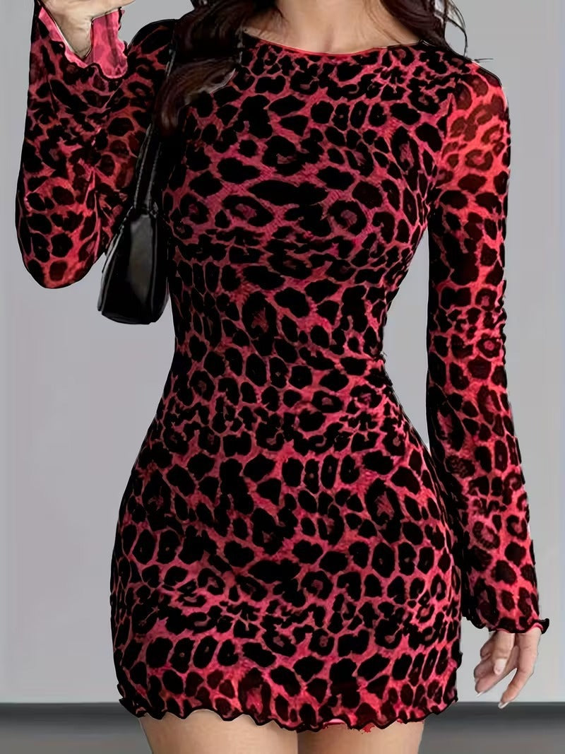 Damen Minikleid mit Leopardenmuster und Rüschendetails Drune