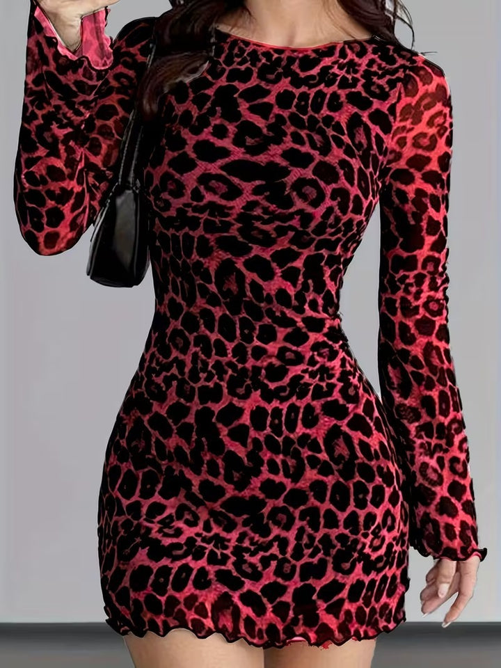 Damen Minikleid mit Leopardenmuster und Rüschendetails Drune