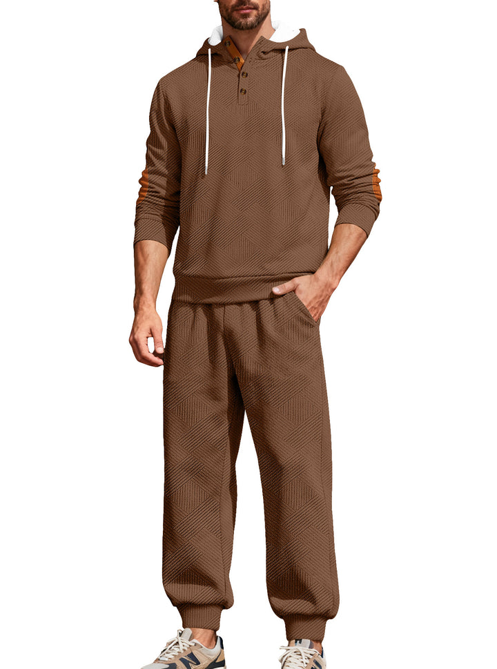 Herren nan strukturiertes Kapuzen-Joggingset mit Henley-Knopfleiste und Kontrast-Ellenbogenpatches Drune