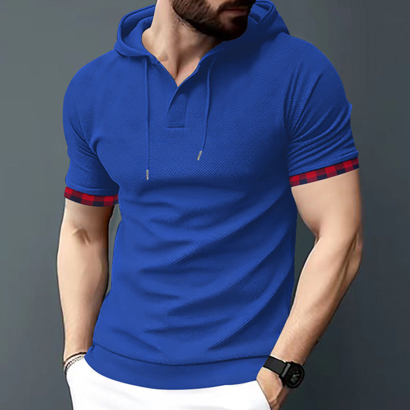 Herren nan figurbetontes Kurzarm-Kapuzenpoloshirt mit Henley-Blende und Kordelzug Drune