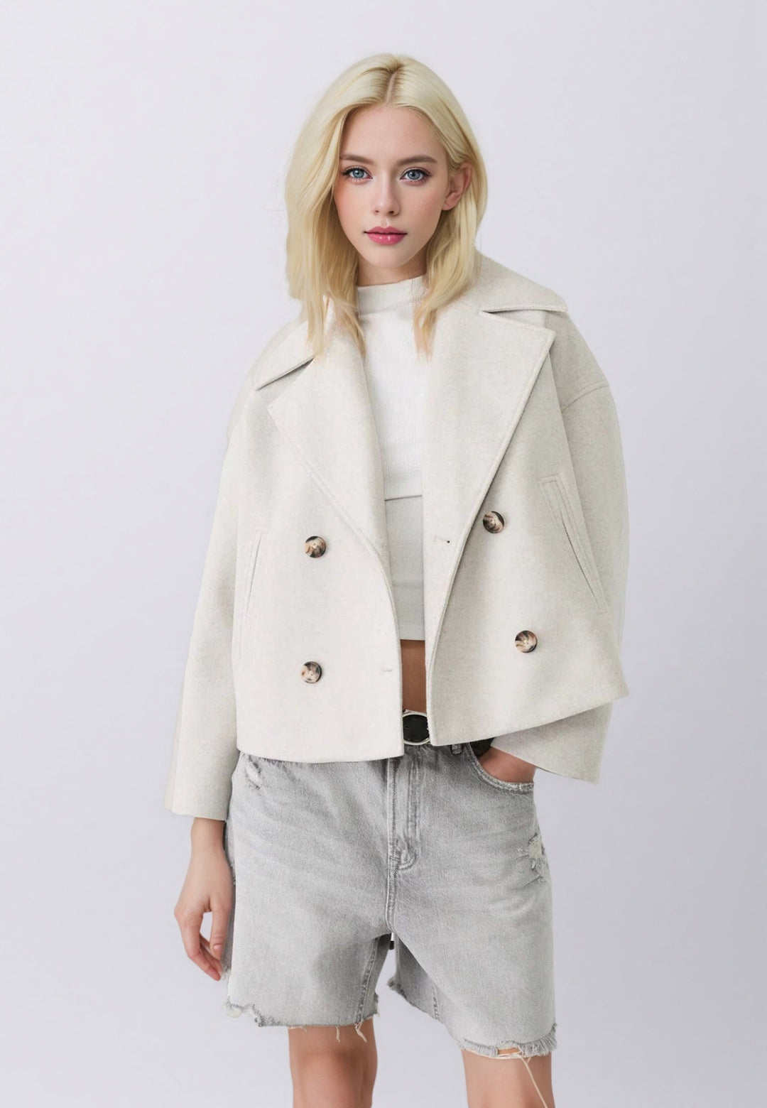 Damen nan kurzes doppeltreihiges Wollmix-Manteljacke im Boxy-Cut mit weitem Reverskragen Drune