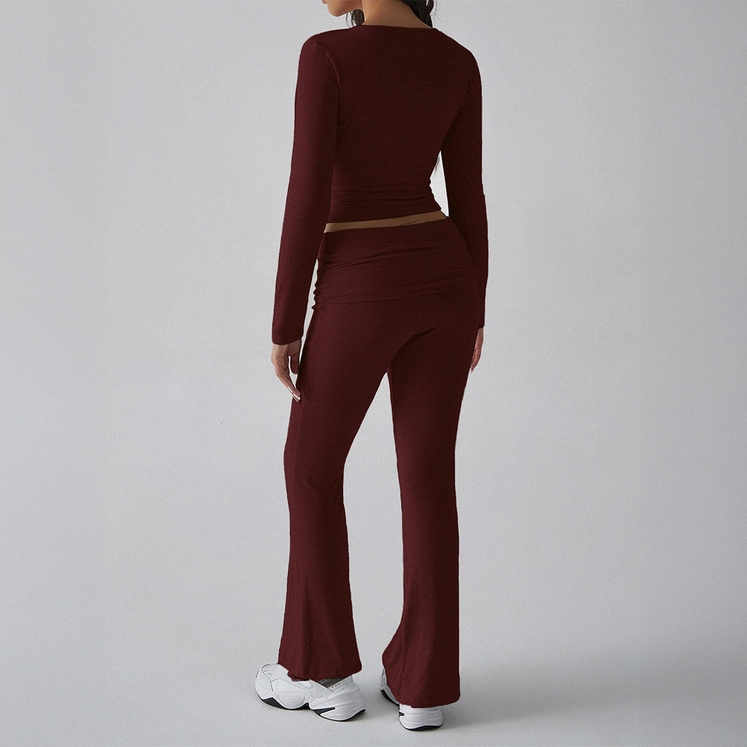 Damen nan figurbetontes Cropped-Set mit langärmeligem Top mit quadratischem Ausschnitt und ausgestellter High‑Waist Yoga-Hose Drune