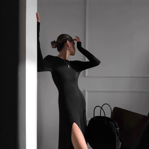 Damen elegantes langes Kleid mit Seitenschlitz Drune