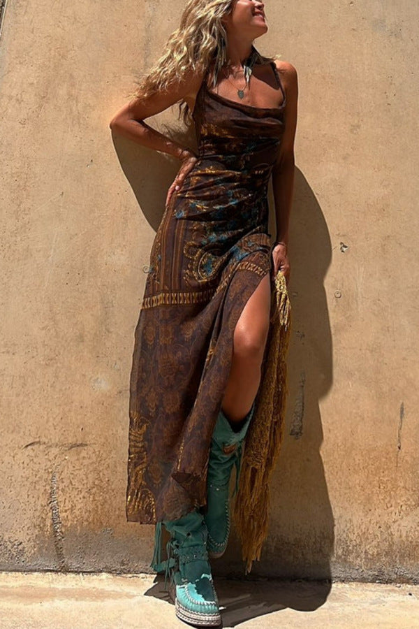 Damen Maxikleid mit asymmetrischem Ethno-Muster und schmalen Spaghettiträgern Drune
